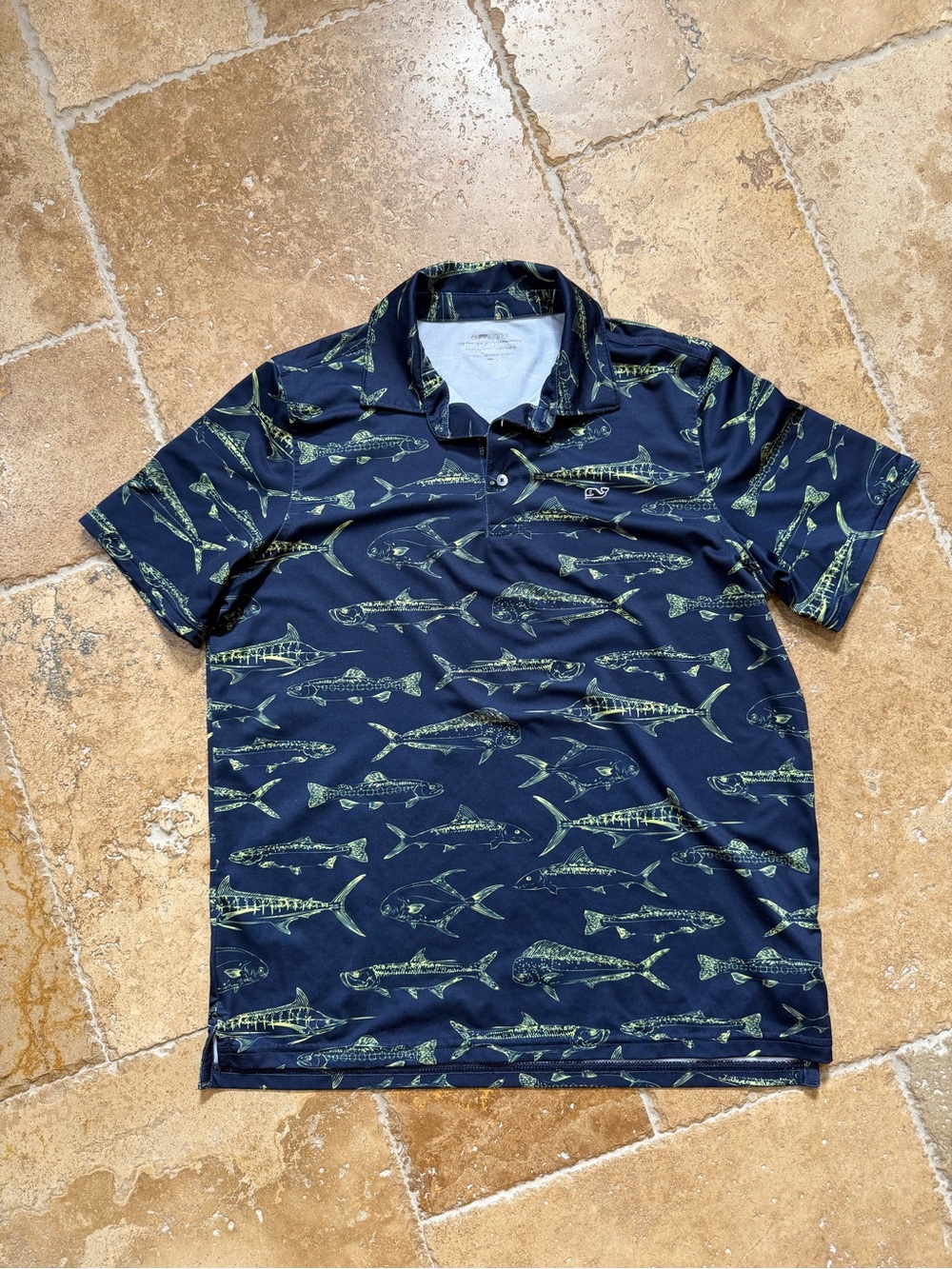 Vineyard Vines Boys Navy Polo with Green Fish Print